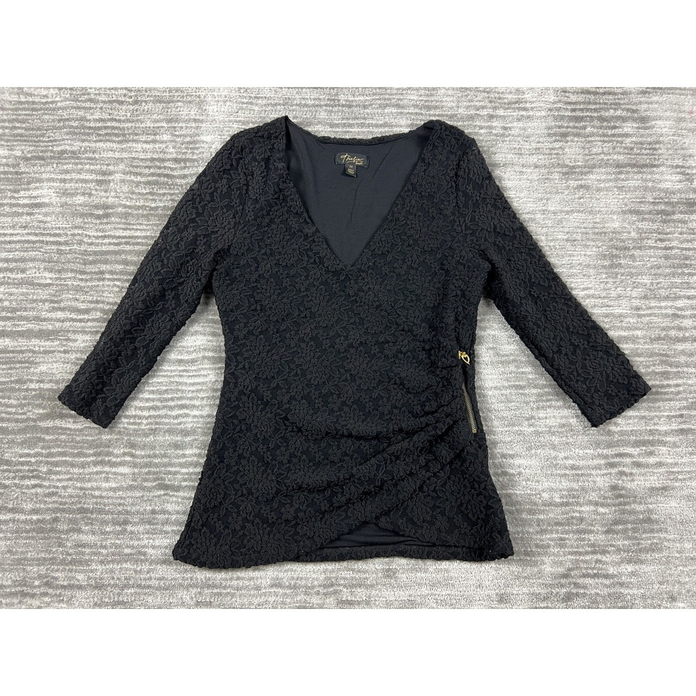 Thalia Sodi‎ Top Womens Medium Black Floral Lace Surplice V-Neck Ruched Side Zip